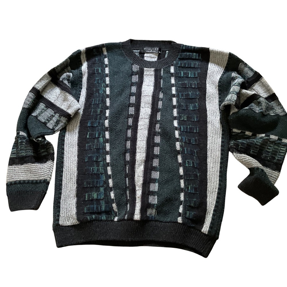 Protege Collection Mens Textured Knit Sweater Green Black Grey Striped Size M